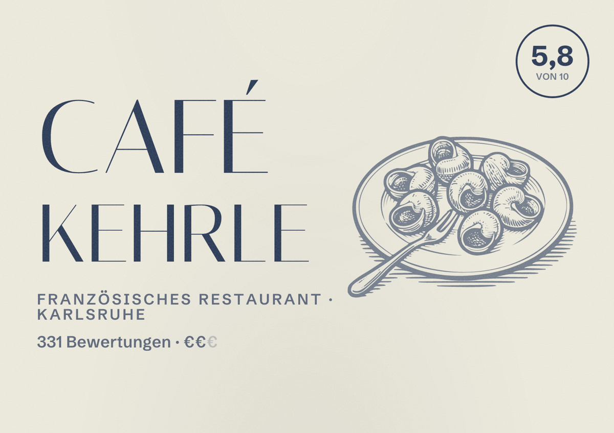 Illustriertes Poster von Café Kehrle, Französisches Restaurant in Karlsruhe: Bewertung 5,8 von 10 aus 331 Bewertungen, Preisniveau €€