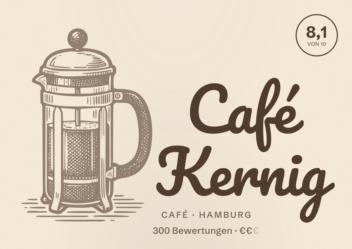 Illustriertes Poster von Café Kernig, Café in Hamburg: Bewertung 8,1 von 10 aus 300 Bewertungen, Preisniveau €€