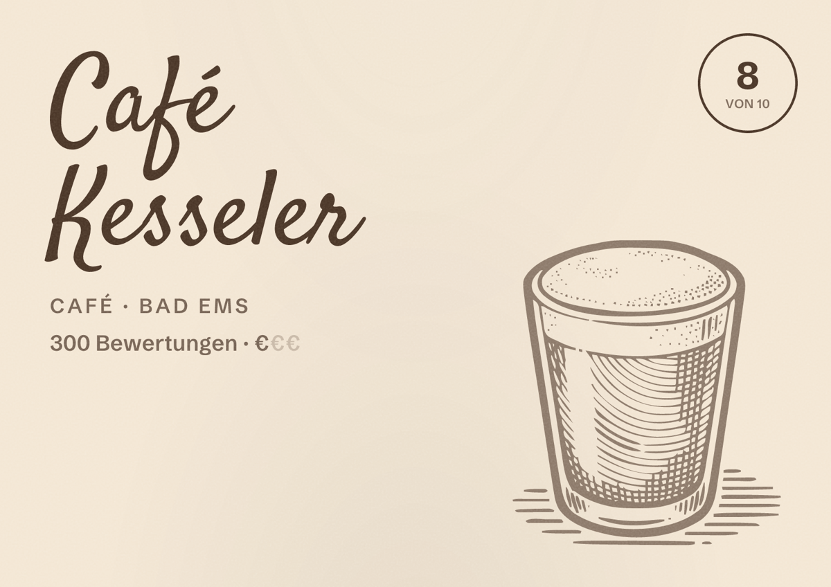 Illustriertes Poster von Café Kesseler, Café in Bad Ems: Bewertung 8 von 10 aus 300 Bewertungen, Preisniveau €