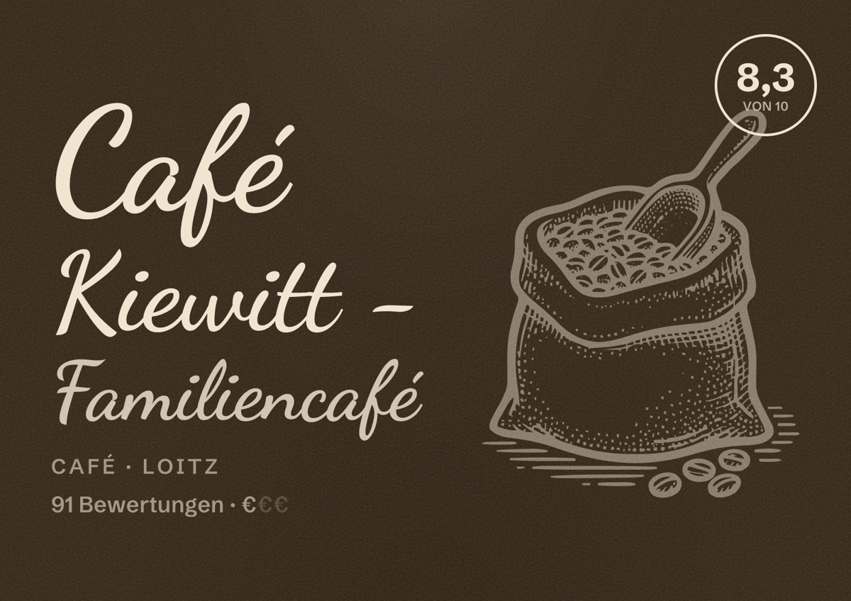 Illustriertes Poster von Café Kiewitt - Familiencafé, Café in Loitz: Bewertung 8,3 von 10 aus 91 Bewertungen, Preisniveau €