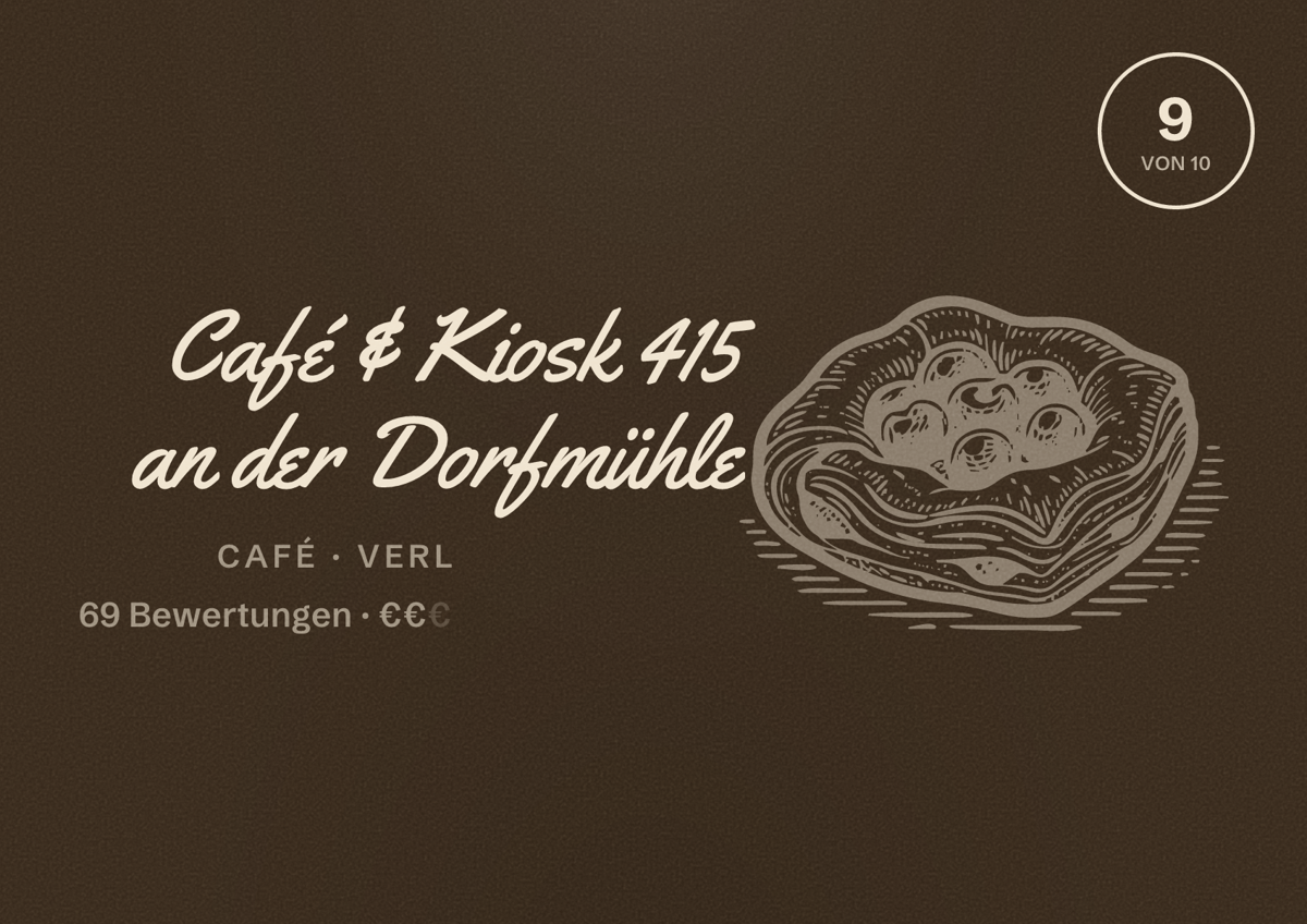Illustriertes Poster von Café & Kiosk 415 an der Dorfmühle, Café in Verl: Bewertung 9 von 10 aus 69 Bewertungen, Preisniveau €€