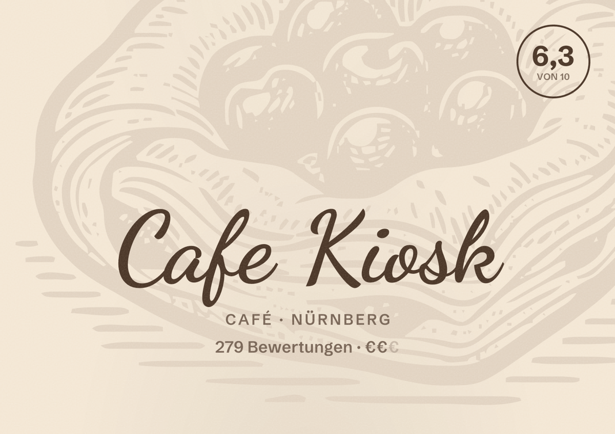 Illustriertes Poster von Cafe Kiosk, Café in Nürnberg: Bewertung 6,3 von 10 aus 279 Bewertungen, Preisniveau €€