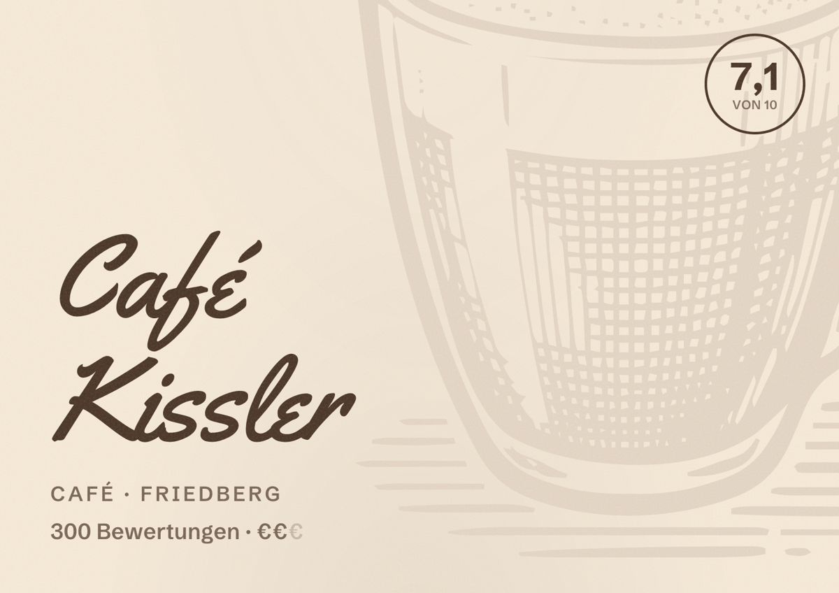 Illustriertes Poster von Café Kissler, Café in Friedberg: Bewertung 7,1 von 10 aus 300 Bewertungen, Preisniveau €€