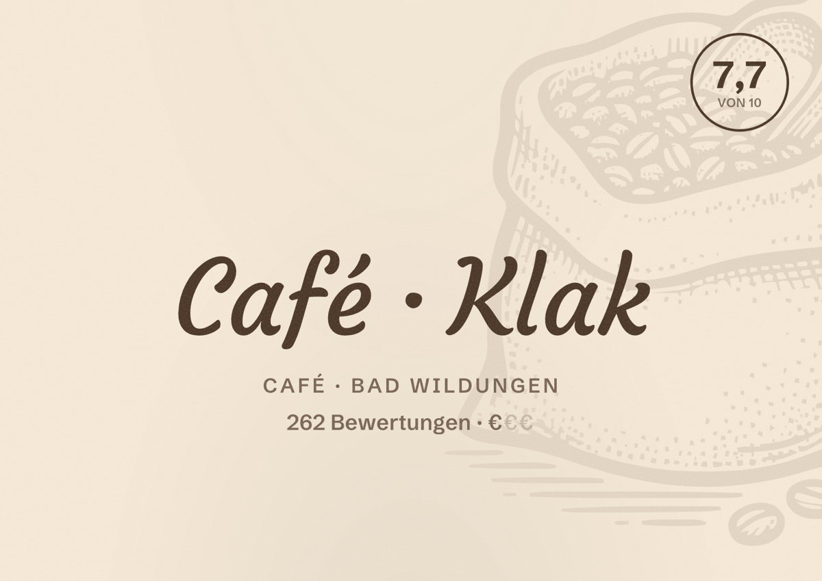 Illustriertes Poster von Café Klak, Café in Bad Wildungen: Bewertung 7,7 von 10 aus 262 Bewertungen, Preisniveau €