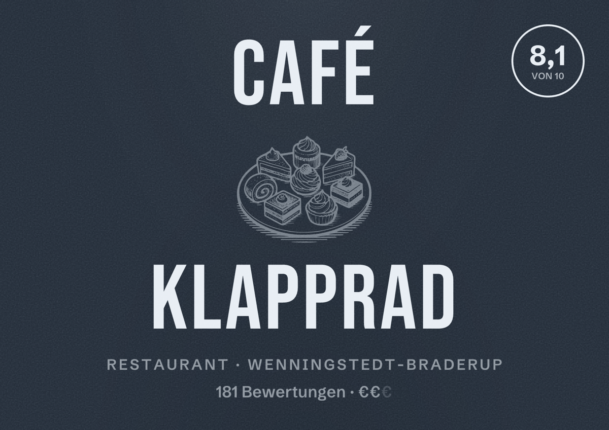 Illustriertes Poster von Café Klapprad, Restaurant in Wenningstedt-Braderup: Bewertung 8,1 von 10 aus 181 Bewertungen, Preisniveau €€