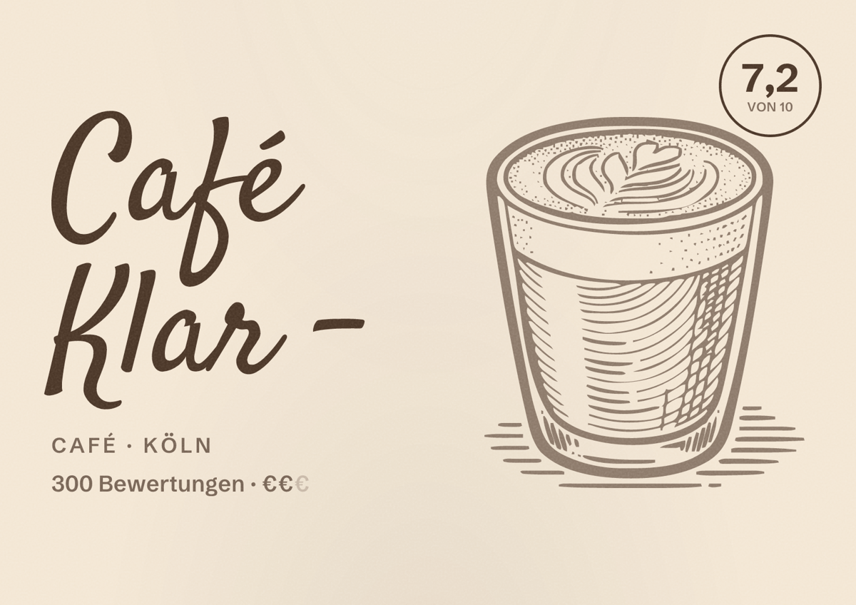 Illustriertes Poster von Café Klar -, Café in Köln: Bewertung 7,2 von 10 aus 300 Bewertungen, Preisniveau €€