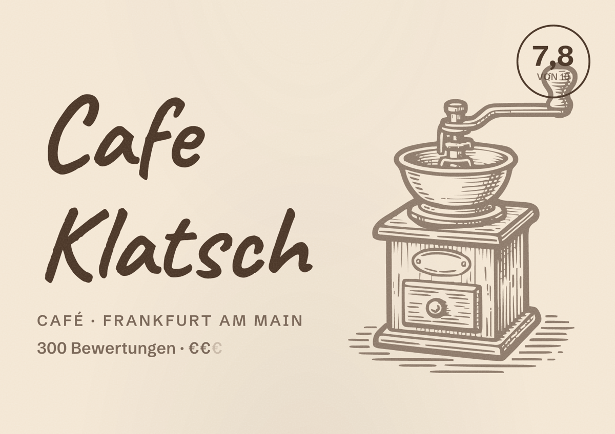 Illustriertes Poster von Cafe Klatsch, Café in Frankfurt am Main: Bewertung 7,8 von 10 aus 300 Bewertungen, Preisniveau €€