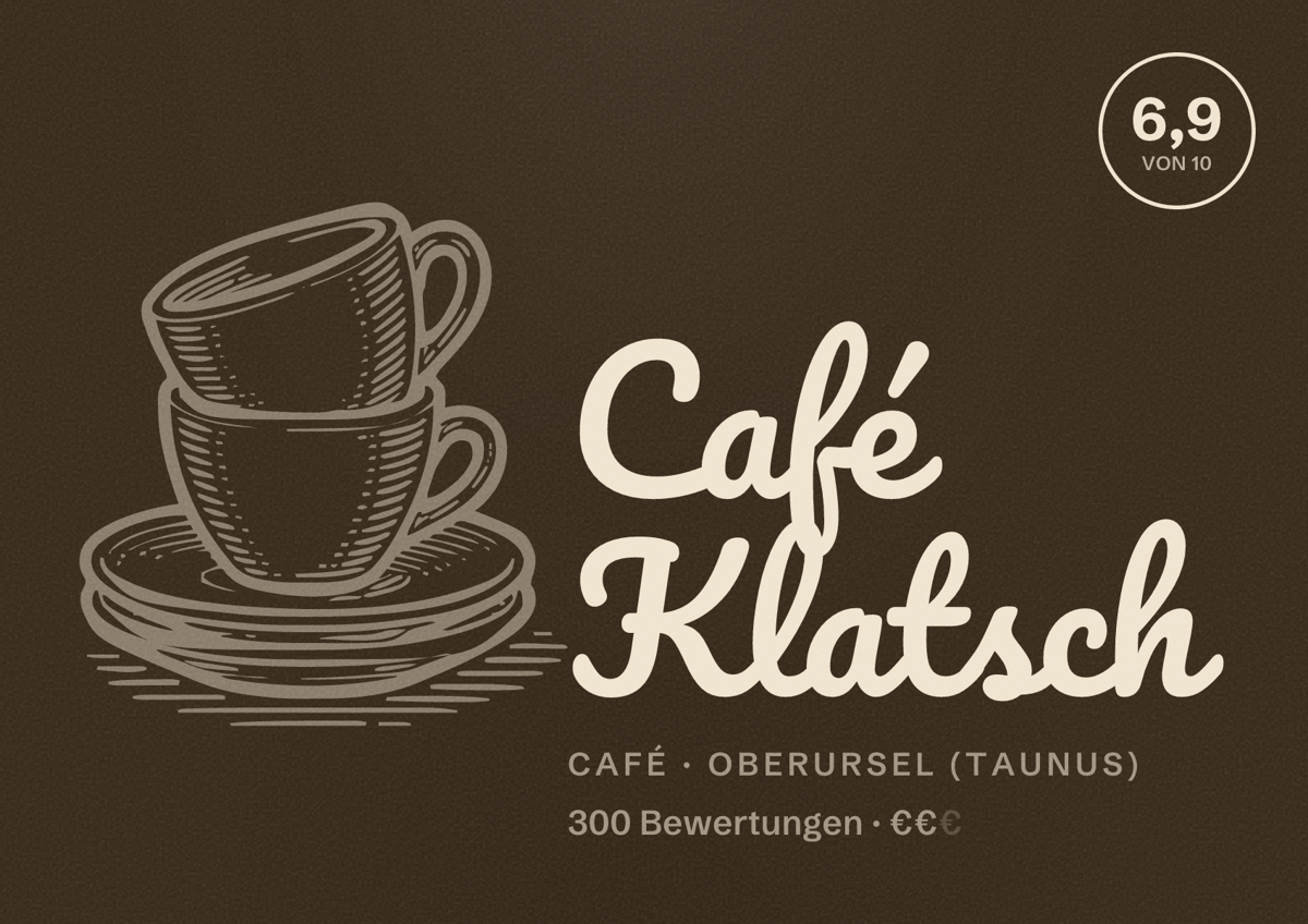 Illustriertes Poster von Café Klatsch, Café in Oberursel (Taunus): Bewertung 6,9 von 10 aus 300 Bewertungen, Preisniveau €€