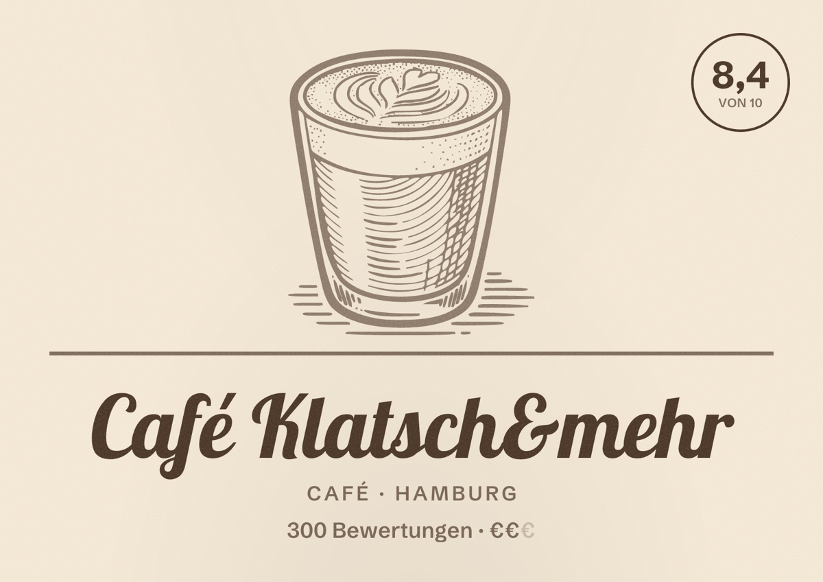 Illustriertes Poster von Café Klatsch&mehr, Café in Hamburg: Bewertung 8,4 von 10 aus 300 Bewertungen, Preisniveau €€