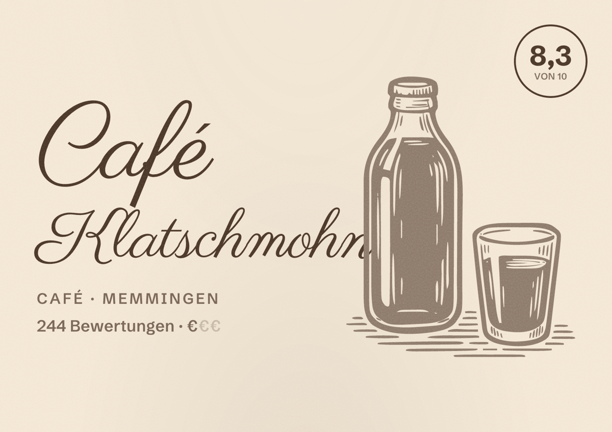 Illustriertes Poster von Café Klatschmohn, Café in Memmingen: Bewertung 8,3 von 10 aus 244 Bewertungen, Preisniveau €