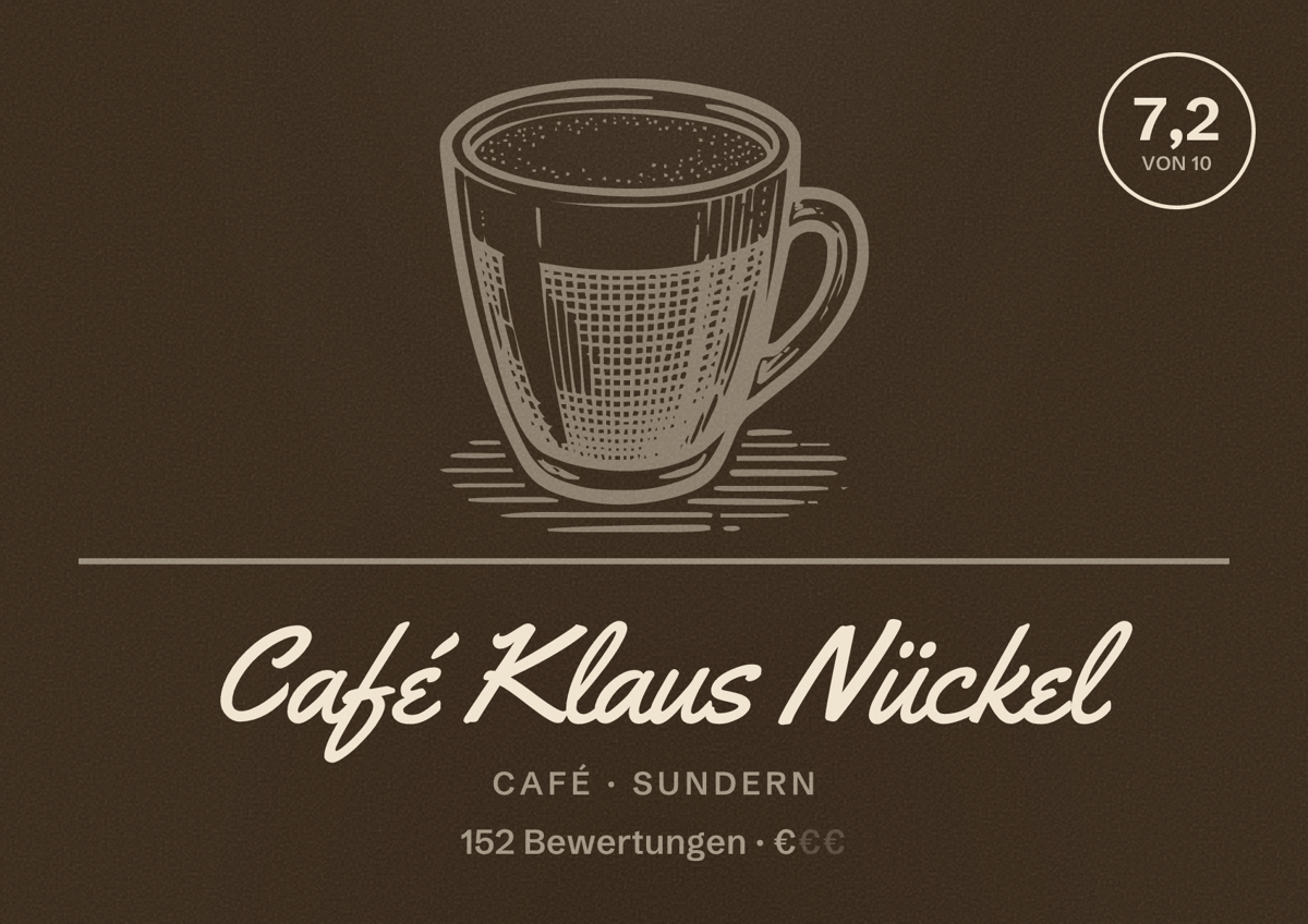 Illustriertes Poster von Café Klaus Nückel, Café in Sundern: Bewertung 7,2 von 10 aus 152 Bewertungen, Preisniveau €