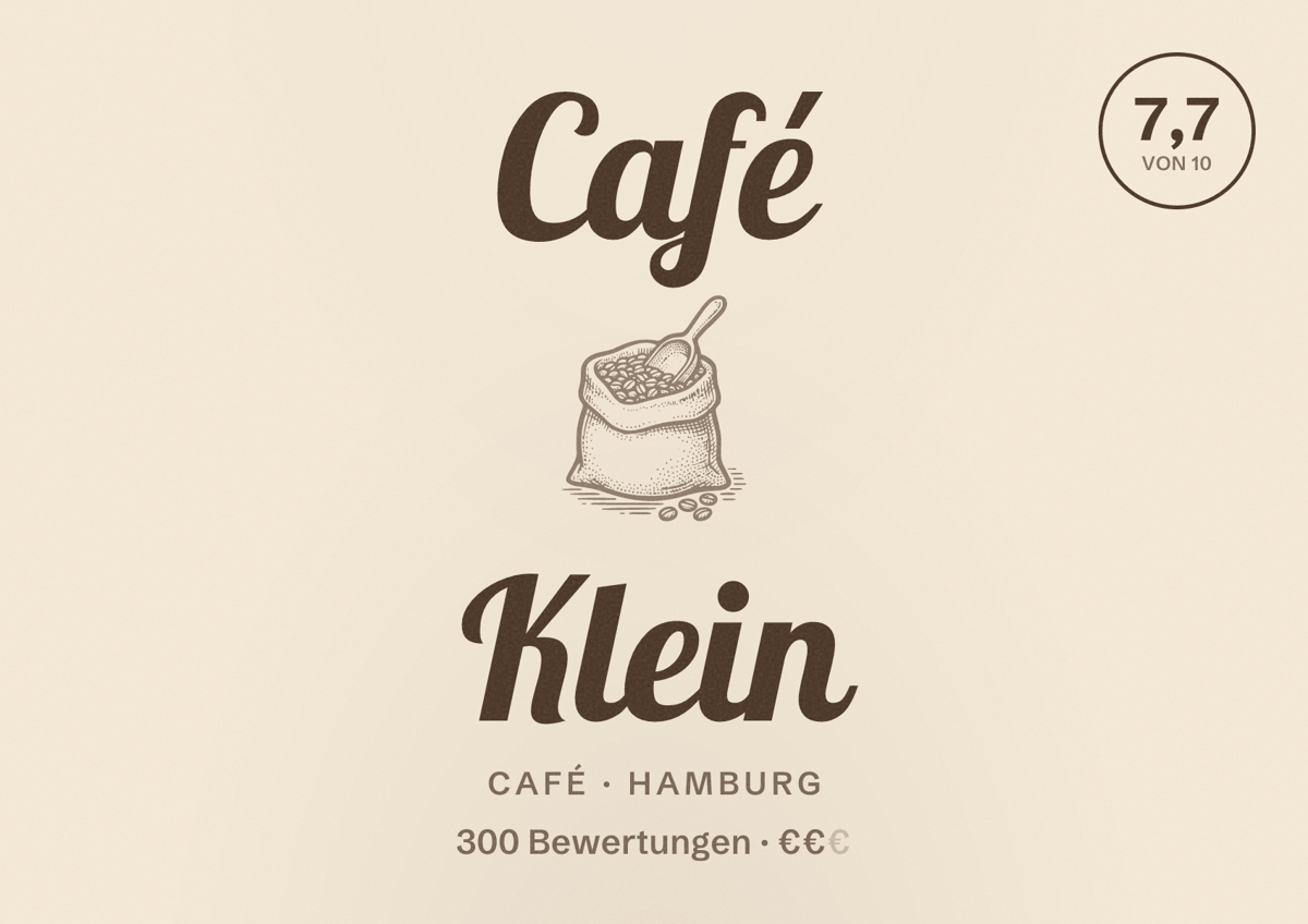 Illustriertes Poster von Café Klein, Café in Hamburg: Bewertung 7,7 von 10 aus 300 Bewertungen, Preisniveau €€
