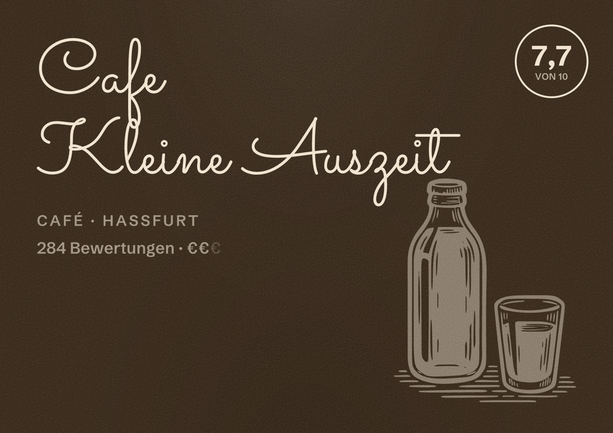 Illustriertes Poster von Cafe Kleine Auszeit, Café in Haßfurt: Bewertung 7,7 von 10 aus 284 Bewertungen, Preisniveau €€