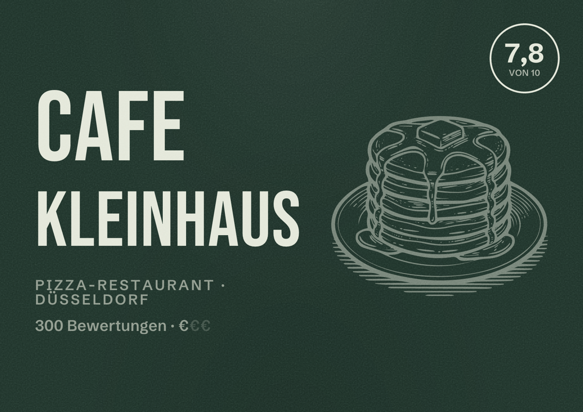 Illustriertes Poster von Cafe Kleinhaus, Pizza-Restaurant in Düsseldorf: Bewertung 7,8 von 10 aus 300 Bewertungen, Preisniveau €