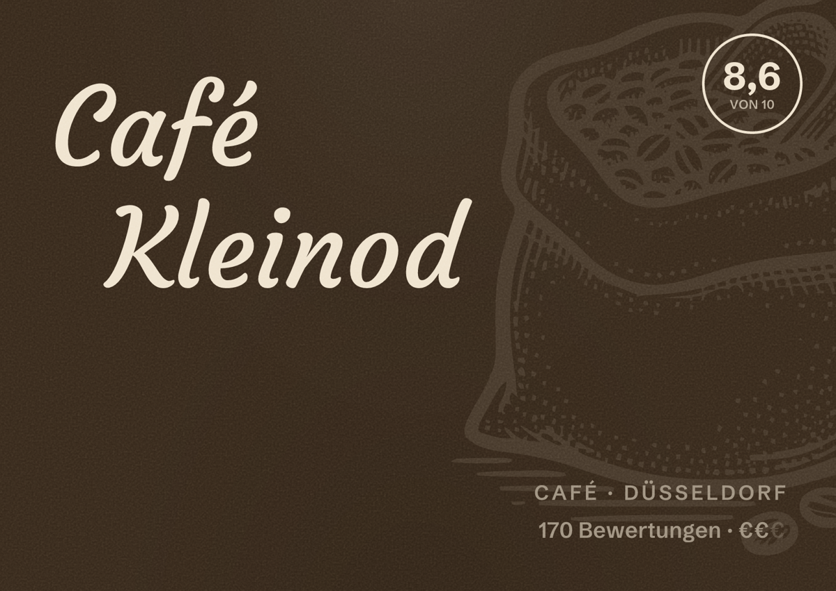 Illustriertes Poster von Café Kleinod, Café in Düsseldorf: Bewertung 8,6 von 10 aus 170 Bewertungen, Preisniveau €€