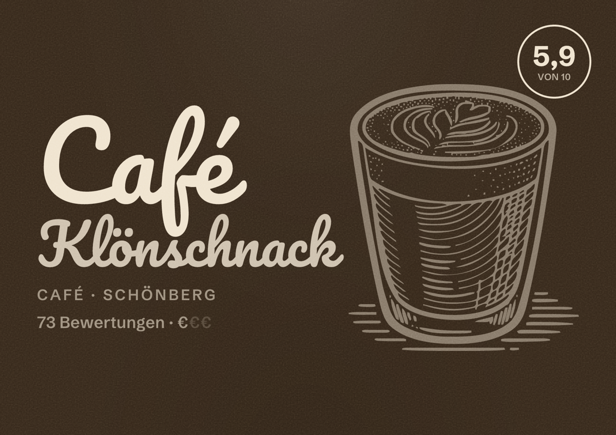 Illustriertes Poster von Café Klönschnack, Café in Schönberg: Bewertung 5,9 von 10 aus 73 Bewertungen, Preisniveau €