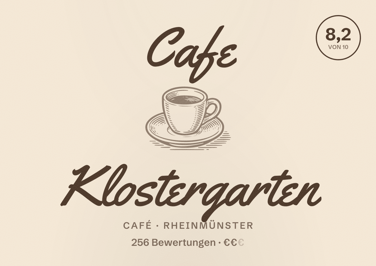 Illustriertes Poster von Cafe Klostergarten, Café in Rheinmünster: Bewertung 8,2 von 10 aus 256 Bewertungen, Preisniveau €€