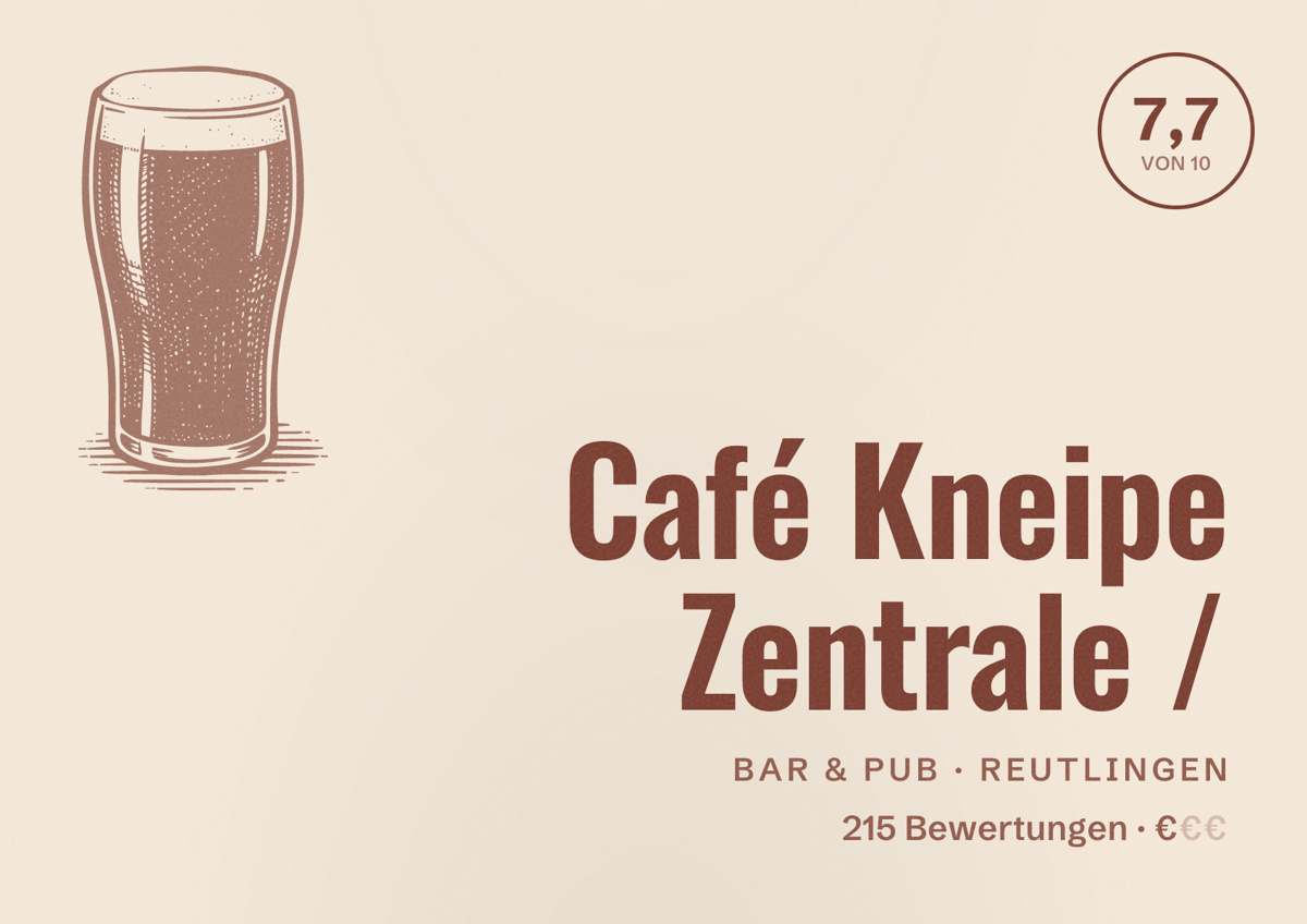 Illustriertes Poster von Café Kneipe Zentrale /, Bar & Pub in Reutlingen: Bewertung 7,7 von 10 aus 215 Bewertungen, Preisniveau €