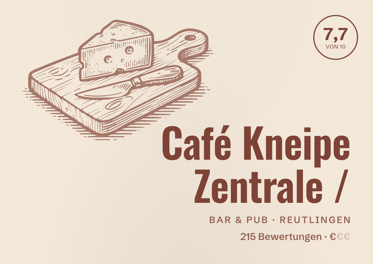 Illustriertes Poster von Café Kneipe Zentrale /, Bar & Pub in Reutlingen: Bewertung 7,7 von 10 aus 215 Bewertungen, Preisniveau €