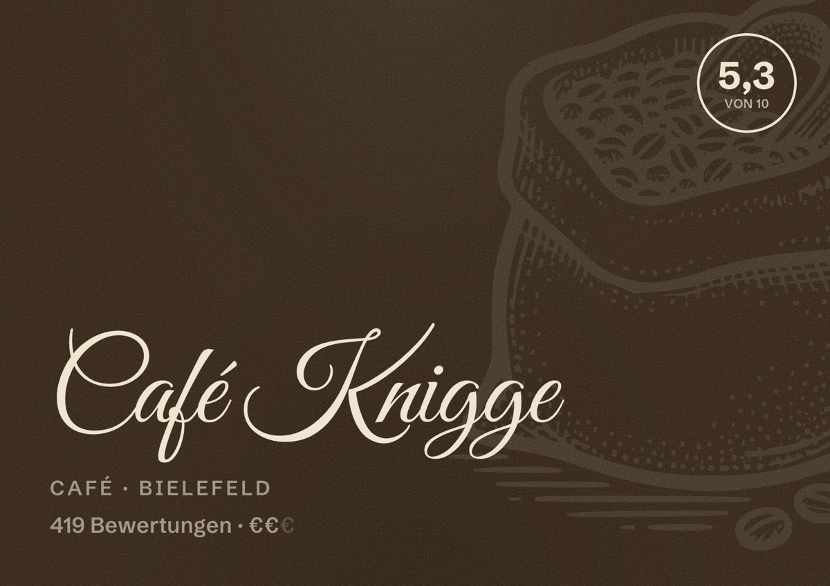 Illustriertes Poster von Café Knigge, Café in Bielefeld: Bewertung 5,3 von 10 aus 419 Bewertungen, Preisniveau €€