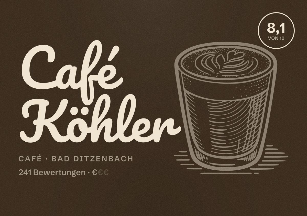 Illustriertes Poster von Café Köhler, Café in Bad Ditzenbach: Bewertung 8,1 von 10 aus 241 Bewertungen, Preisniveau €