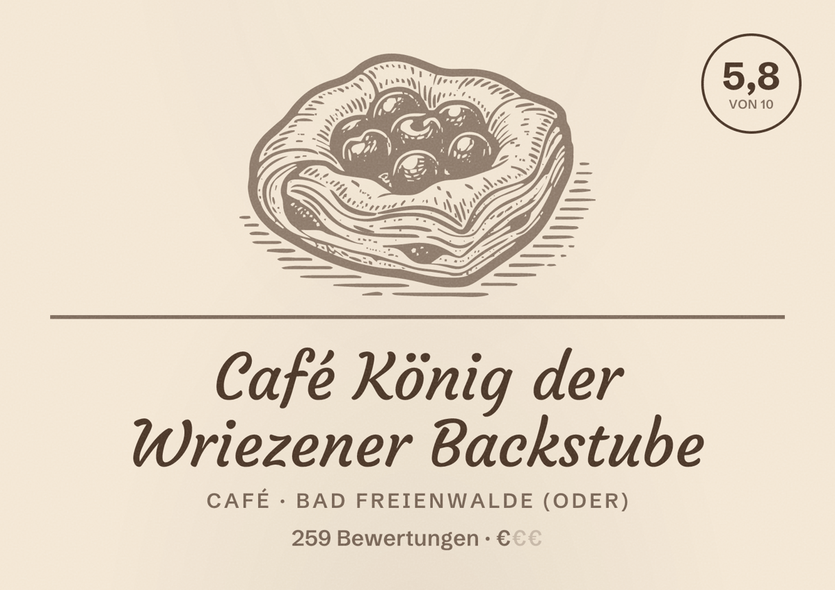 Illustriertes Poster von Café König der Wriezener Backstube, Café in Bad Freienwalde (Oder): Bewertung 5,8 von 10 aus 259 Bewertungen, Preisniveau €