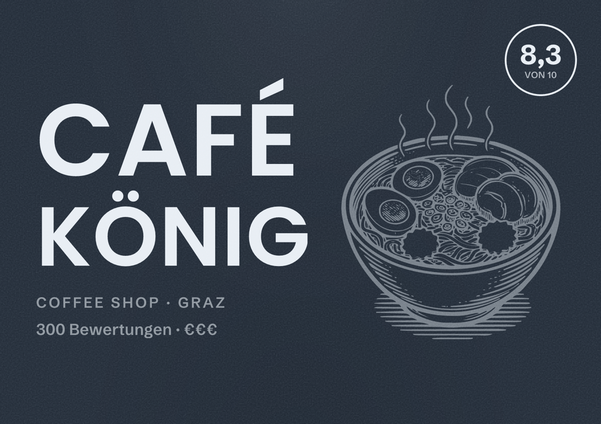 Illustriertes Poster von Café König, Coffee Shop in Graz: Bewertung 8,3 von 10 aus 300 Bewertungen, Preisniveau €€€