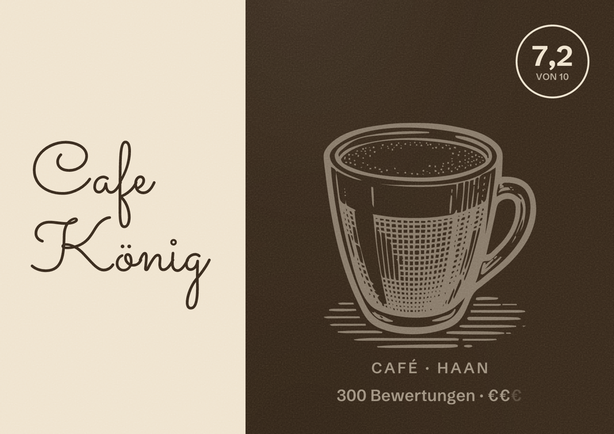 Illustriertes Poster von Cafe König, Café in Haan: Bewertung 7,2 von 10 aus 300 Bewertungen, Preisniveau €€