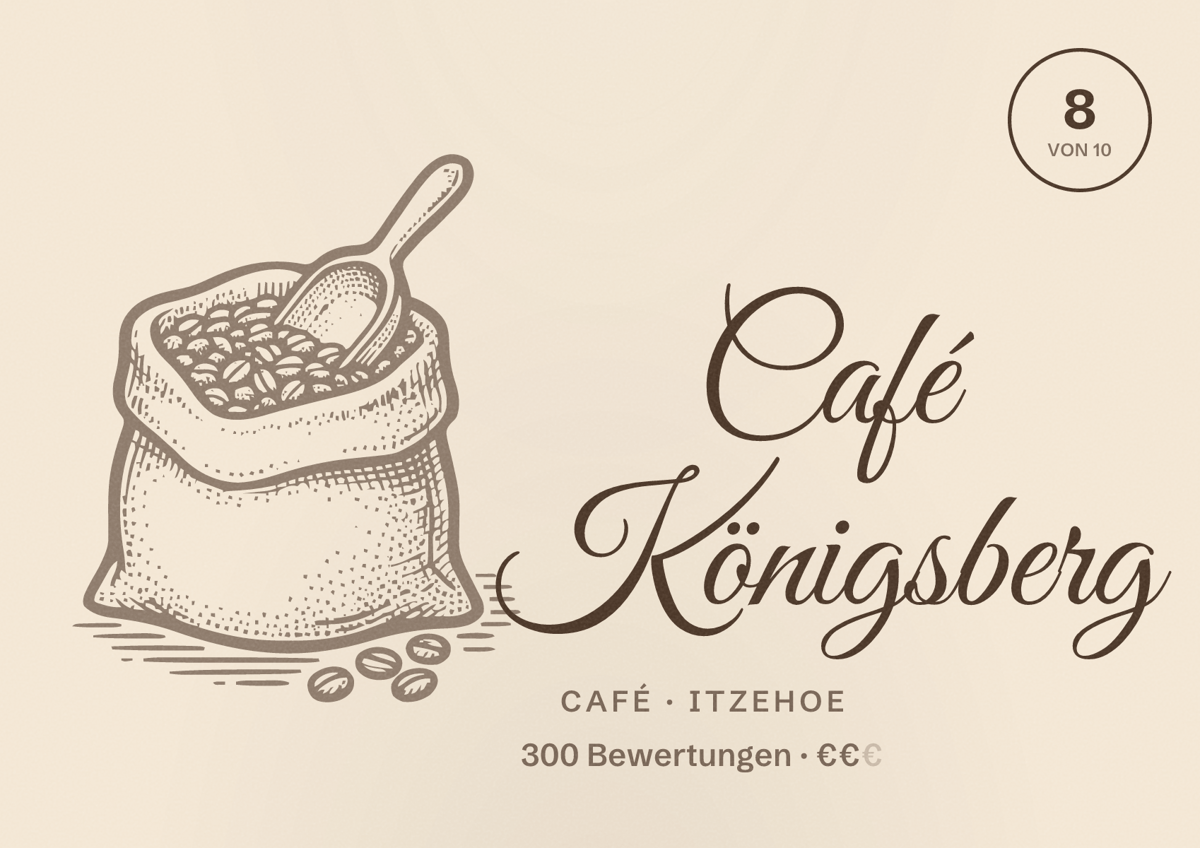 Illustriertes Poster von Café Königsberg, Café in Itzehoe: Bewertung 8 von 10 aus 300 Bewertungen, Preisniveau €€