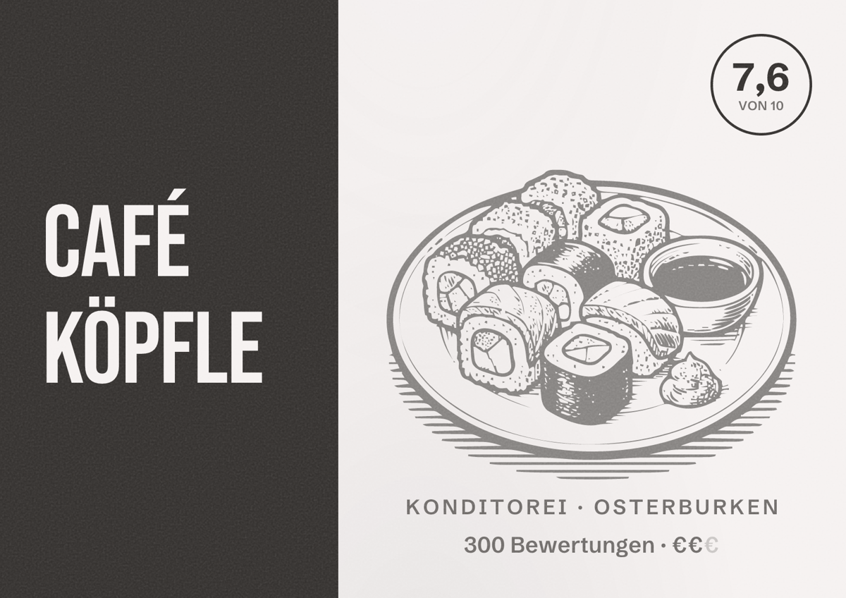 Illustriertes Poster von Café Köpfle, Konditorei in Osterburken: Bewertung 7,6 von 10 aus 300 Bewertungen, Preisniveau €€