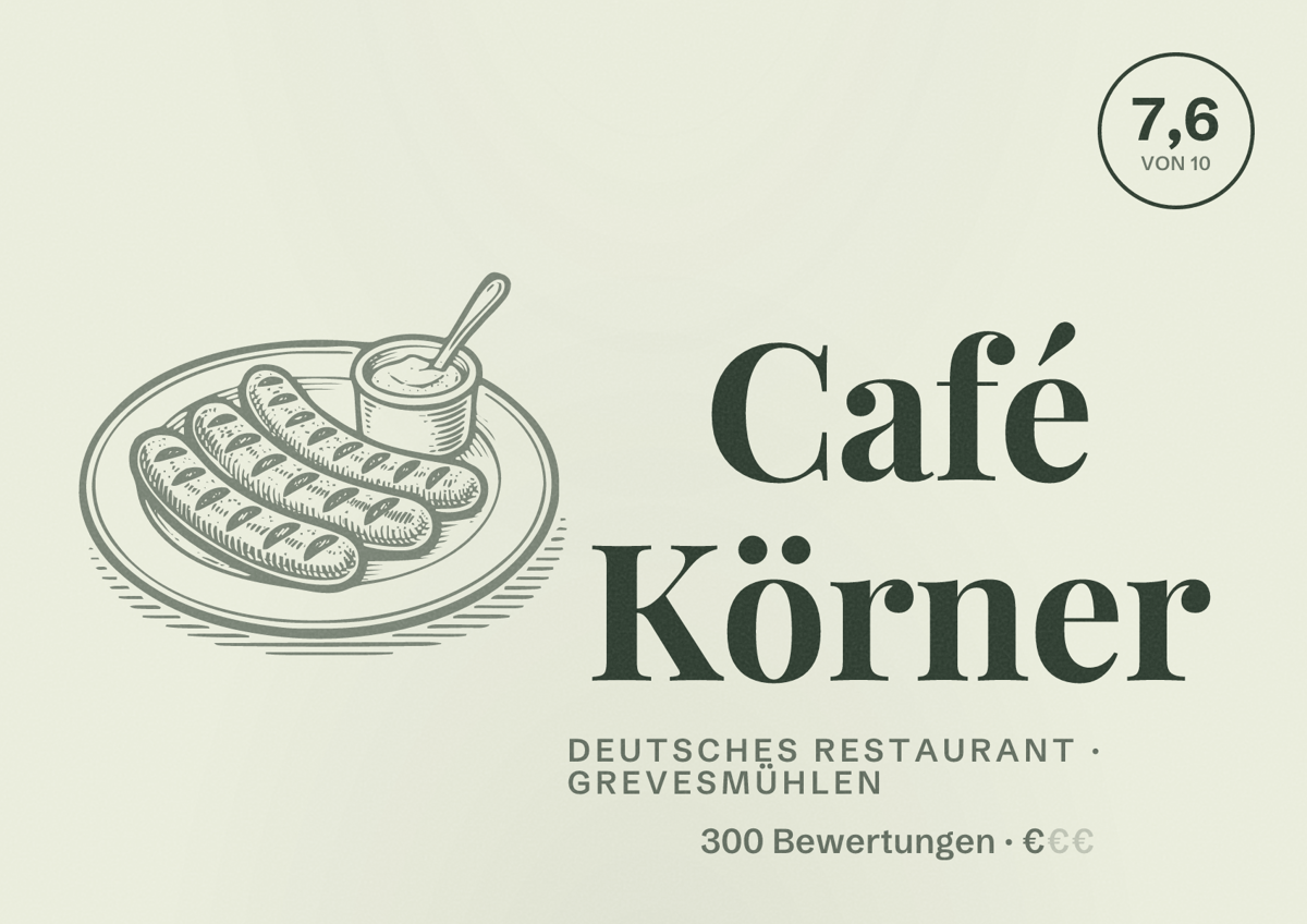 Illustriertes Poster von Café Körner, Deutsches Restaurant in Grevesmühlen: Bewertung 7,6 von 10 aus 300 Bewertungen, Preisniveau €