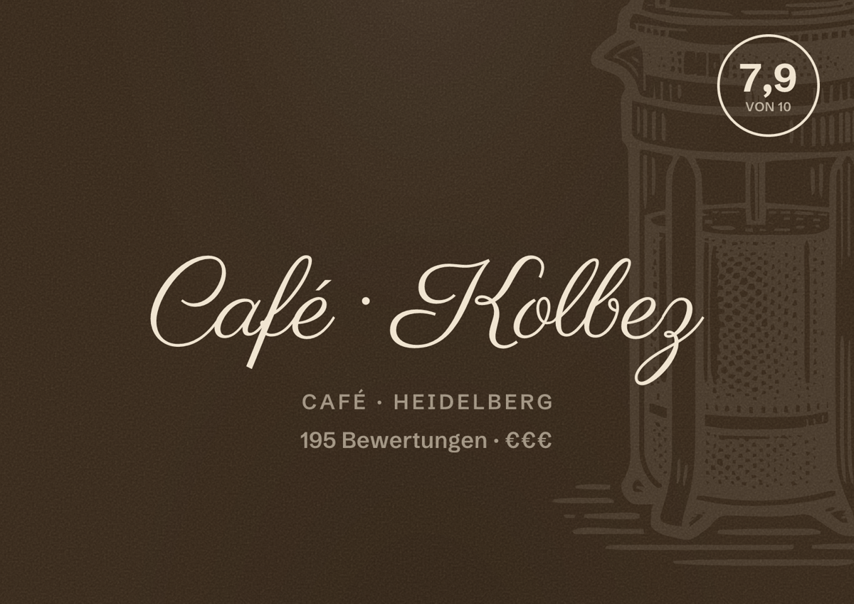 Illustriertes Poster von Café Kolbez, Café in Heidelberg: Bewertung 7,9 von 10 aus 195 Bewertungen, Preisniveau €€€