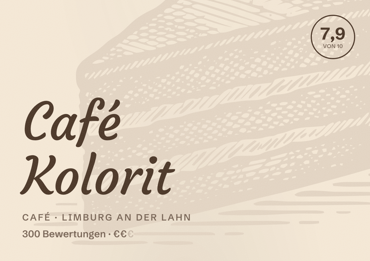 Illustriertes Poster von Café Kolorit, Café in Limburg an der Lahn: Bewertung 7,9 von 10 aus 300 Bewertungen, Preisniveau €€