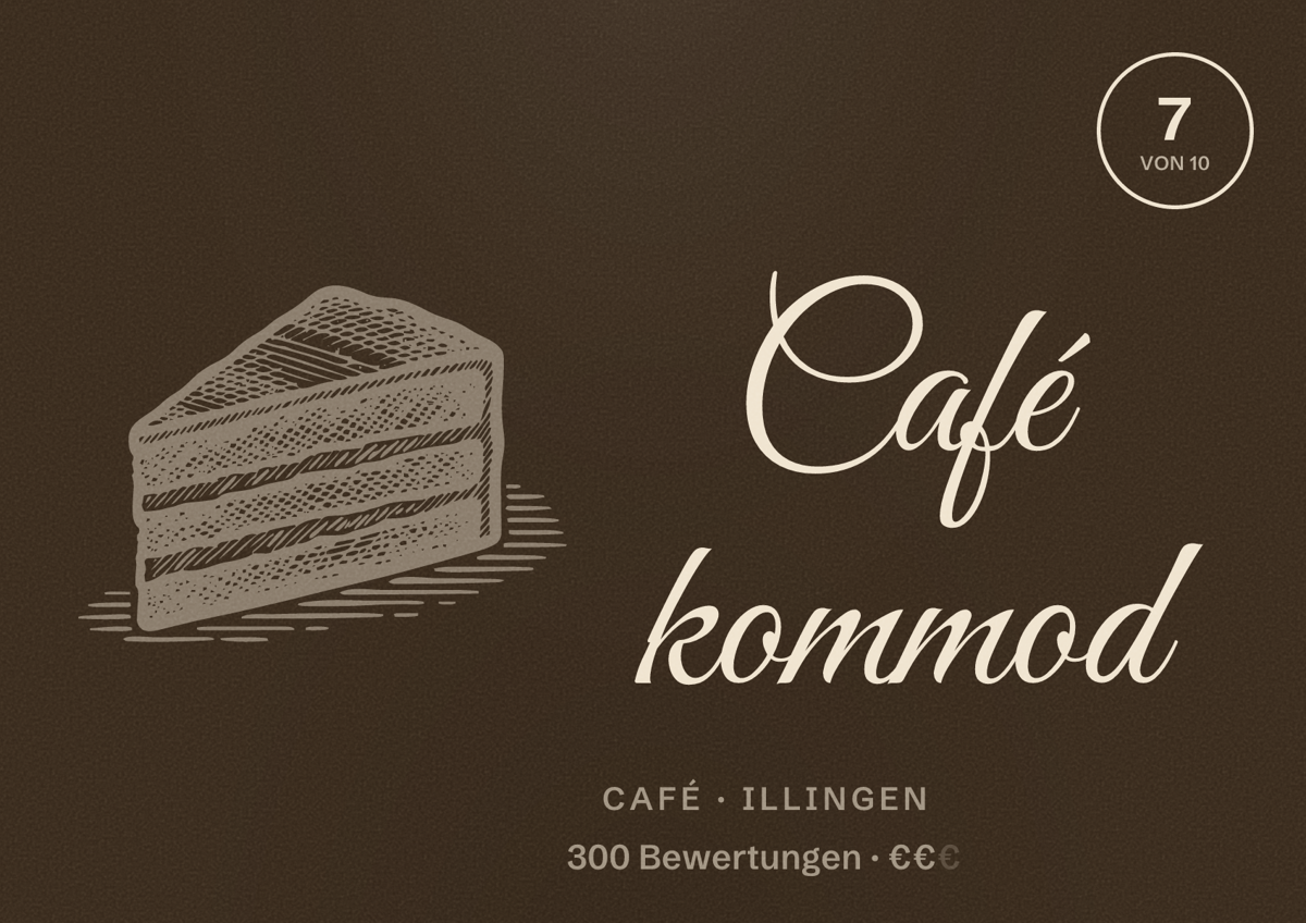 Illustriertes Poster von Café kommod, Café in Illingen: Bewertung 7 von 10 aus 300 Bewertungen, Preisniveau €€