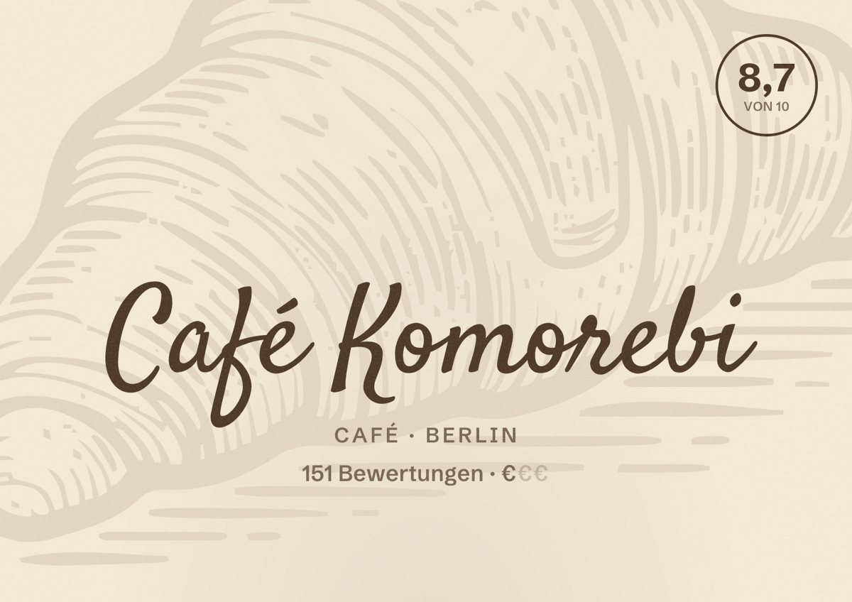 Illustriertes Poster von Café Komorebi, Café in Berlin: Bewertung 8,7 von 10 aus 151 Bewertungen, Preisniveau €