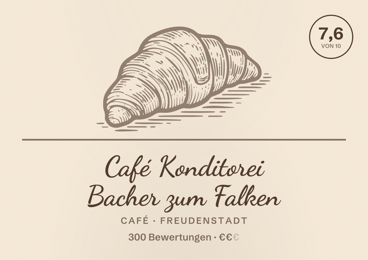 Illustriertes Poster von Café Konditorei Bacher zum Falken, Café in Freudenstadt: Bewertung 7,6 von 10 aus 300 Bewertungen, Preisniveau €€