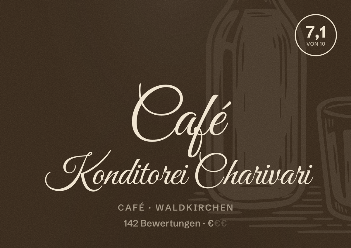 Illustriertes Poster von Café Konditorei Charivari, Café in Waldkirchen: Bewertung 7,1 von 10 aus 142 Bewertungen, Preisniveau €