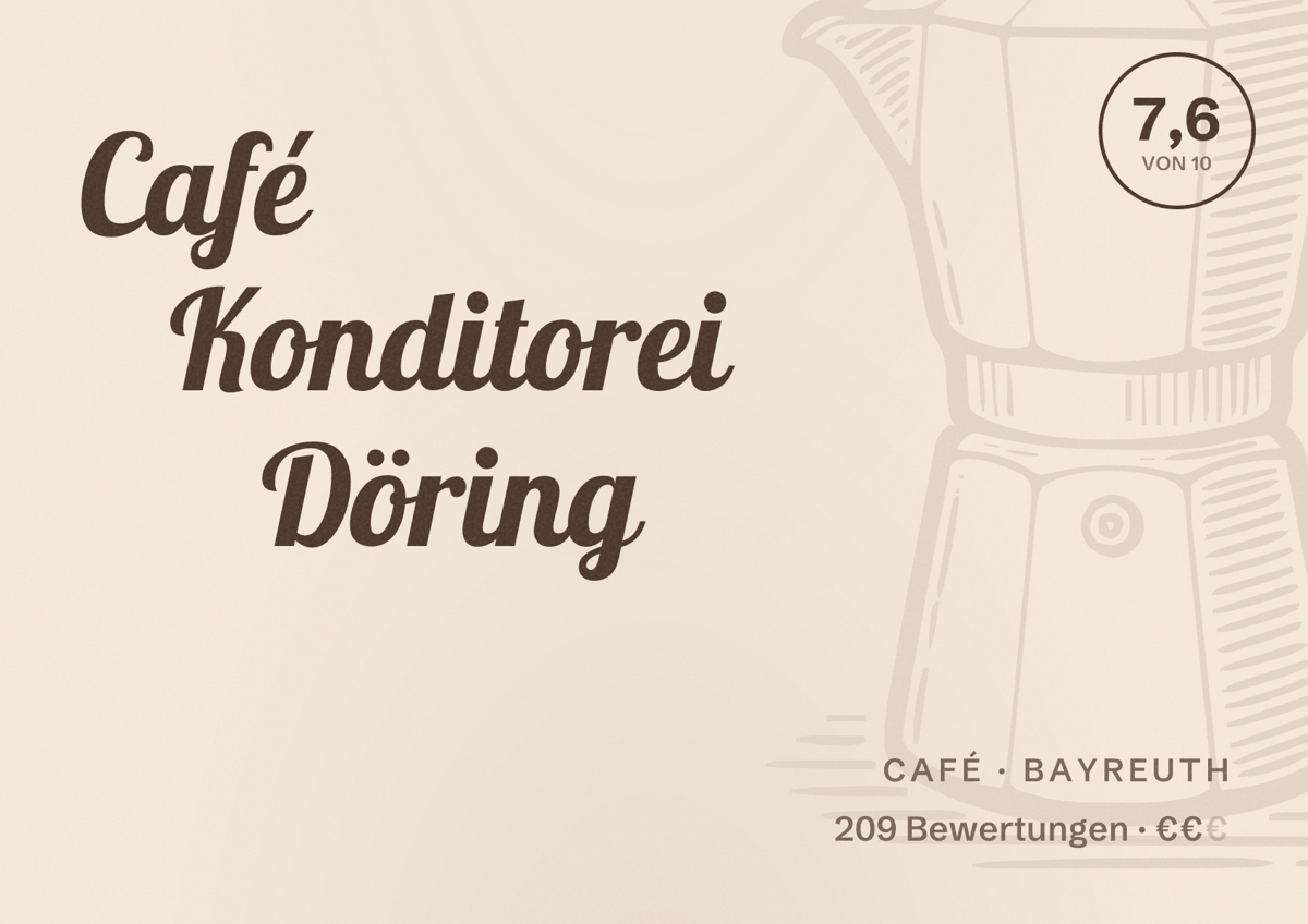 Illustriertes Poster von Café Konditorei Döring, Café in Bayreuth: Bewertung 7,6 von 10 aus 209 Bewertungen, Preisniveau €€