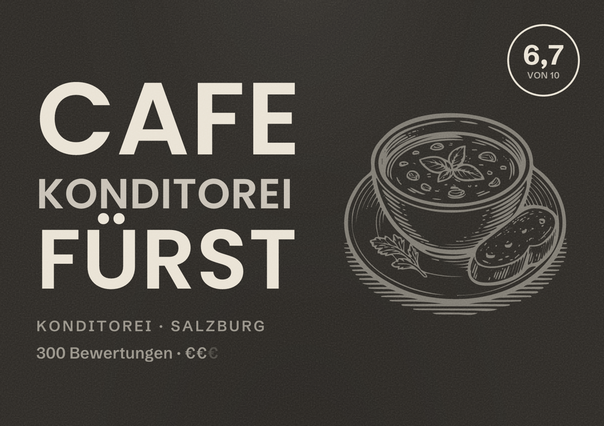 Illustriertes Poster von Cafe Konditorei Fürst, Konditorei in Salzburg: Bewertung 6,7 von 10 aus 300 Bewertungen, Preisniveau €€