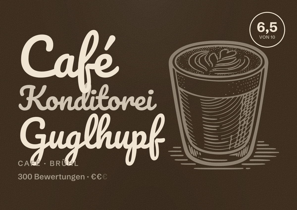 Illustriertes Poster von Café Konditorei Guglhupf, Café in Brühl: Bewertung 6,5 von 10 aus 300 Bewertungen, Preisniveau €€