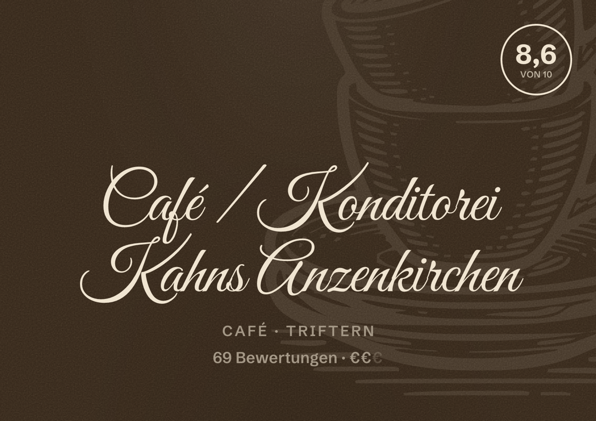 Illustriertes Poster von Café / Konditorei Kahns Anzenkirchen, Café in Triftern: Bewertung 8,6 von 10 aus 69 Bewertungen, Preisniveau €€