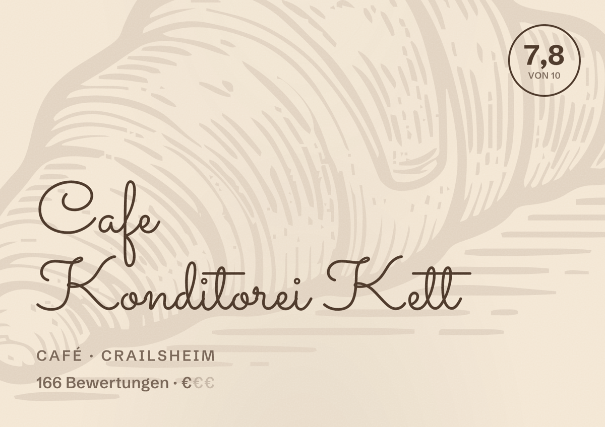 Illustriertes Poster von Cafe Konditorei Kett, Café in Crailsheim: Bewertung 7,8 von 10 aus 166 Bewertungen, Preisniveau €