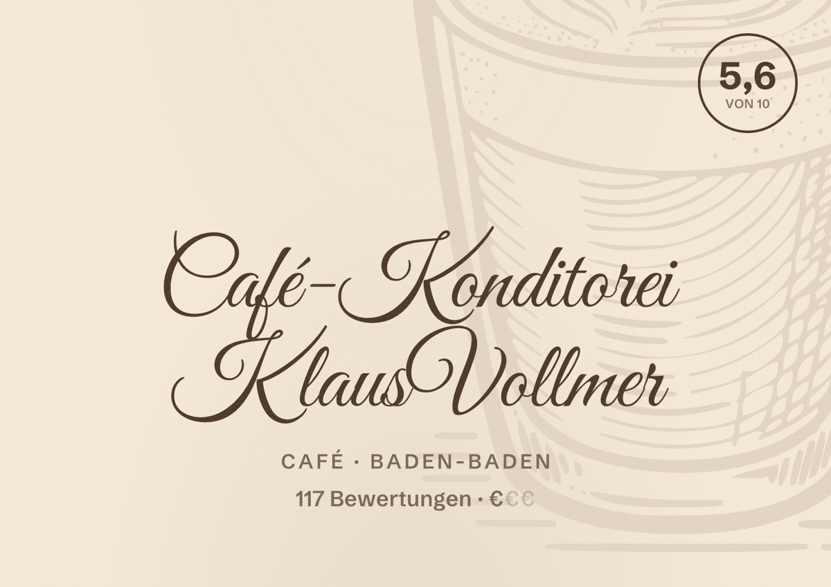 Illustriertes Poster von Café-Konditorei Klaus Vollmer, Café in Baden-Baden: Bewertung 5,6 von 10 aus 117 Bewertungen, Preisniveau €