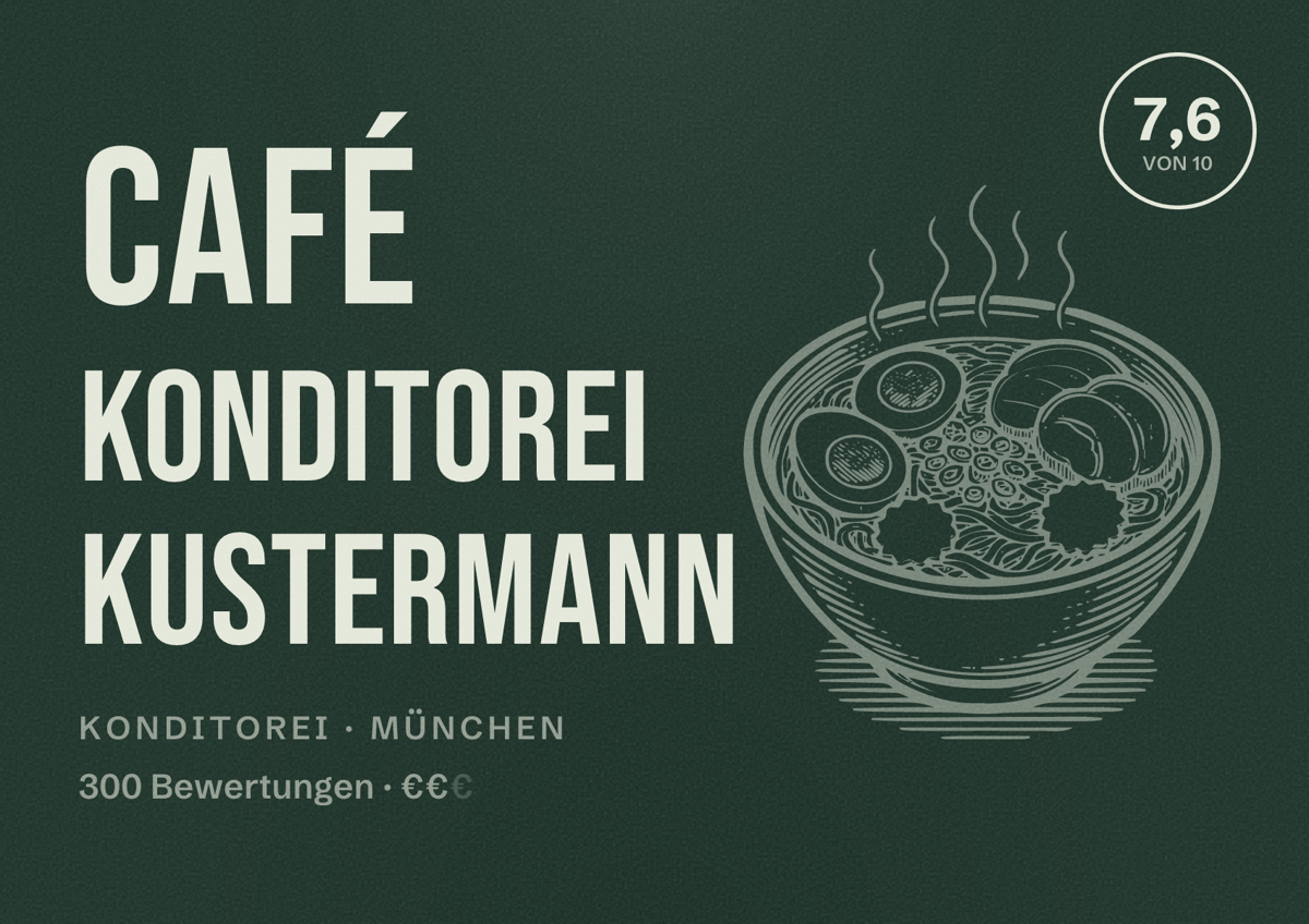 Illustriertes Poster von Café Konditorei Kustermann, Konditorei in München: Bewertung 7,6 von 10 aus 300 Bewertungen, Preisniveau €€