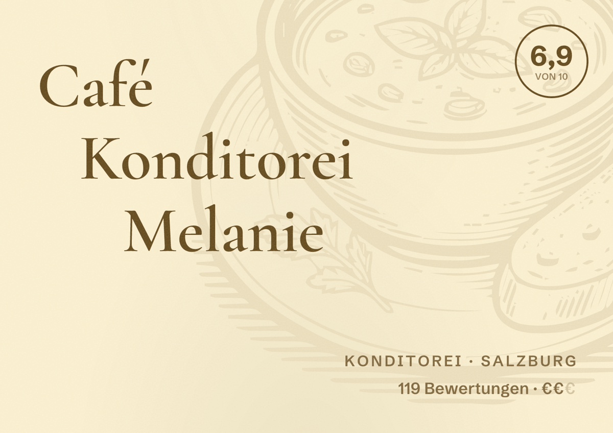 Illustriertes Poster von Café Konditorei Melanie, Konditorei in Salzburg: Bewertung 6,9 von 10 aus 119 Bewertungen, Preisniveau €€
