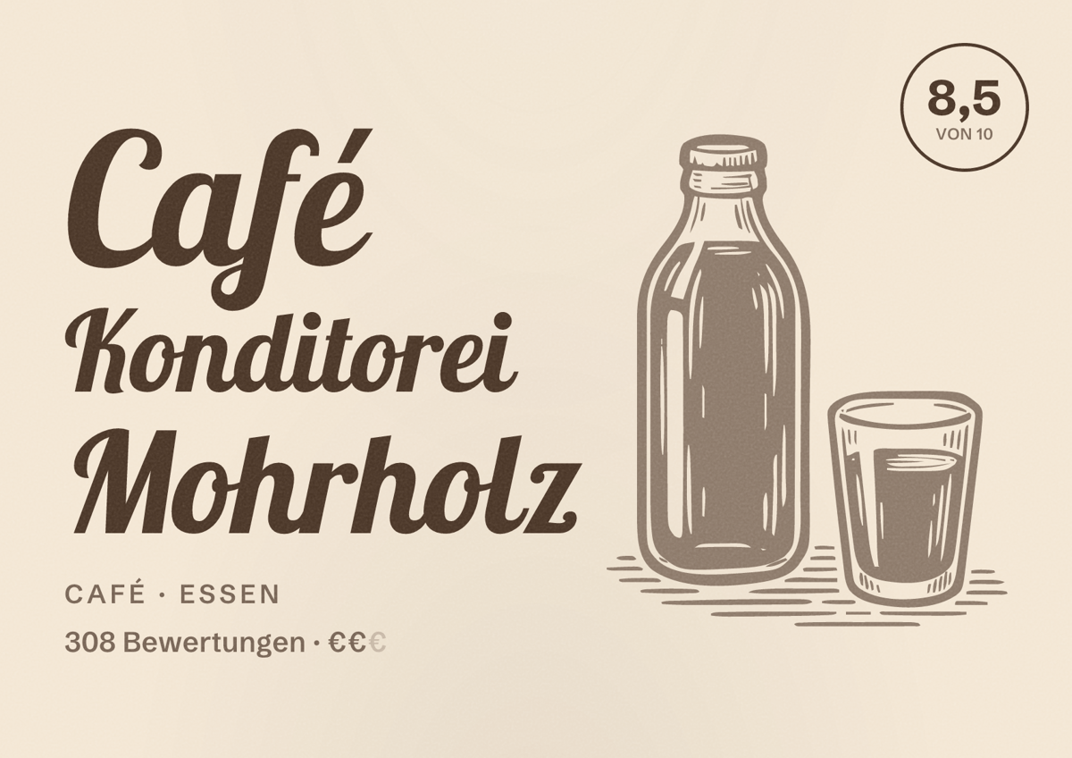 Illustriertes Poster von Café Konditorei Mohrholz, Café in Essen: Bewertung 8,5 von 10 aus 308 Bewertungen, Preisniveau €€