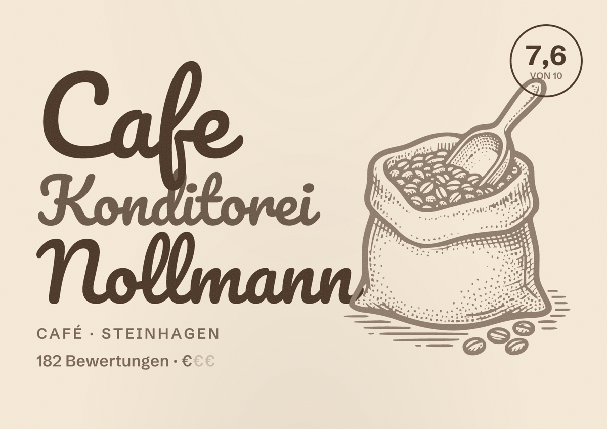 Illustriertes Poster von Cafe Konditorei Nollmann, Café in Steinhagen: Bewertung 7,6 von 10 aus 182 Bewertungen, Preisniveau €