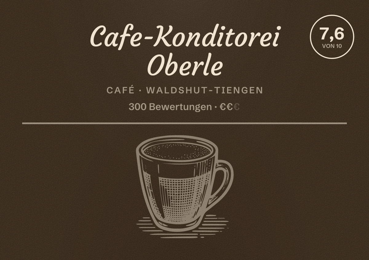 Illustriertes Poster von Cafe-Konditorei Oberle, Café in Waldshut-Tiengen: Bewertung 7,6 von 10 aus 300 Bewertungen, Preisniveau €€