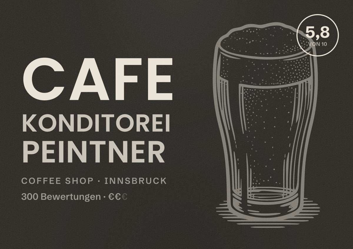 Illustriertes Poster von Cafe Konditorei Peintner, Coffee Shop in Innsbruck: Bewertung 5,8 von 10 aus 300 Bewertungen, Preisniveau €€