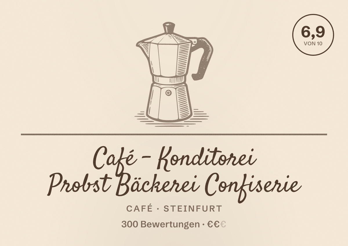 Illustriertes Poster von Café - Konditorei Probst Bäckerei Confiserie, Café in Steinfurt: Bewertung 6,9 von 10 aus 300 Bewertungen, Preisniveau €€